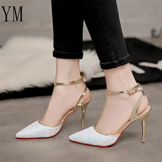 2020 Elegant Crystal Pointed Toe Wedding Shoe Women's Pumps Solid Flock Fashion Buckle Shallow High Heels Shoes for Women Hot