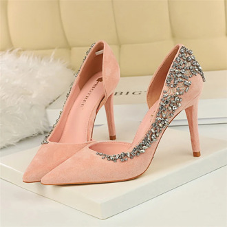 2020 European Wedding Shoes Female Rhinestone Crystal Pink Nude Heels Stiletto Fashion Pointed Toe Red High Heels Bridal Shoes