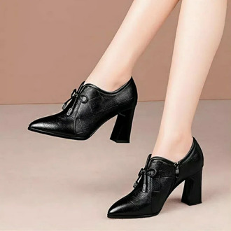 2020 Fall Deep High Heels Woman Leather Shoes Women Pumps Pointed Toe Femal Footware For Female Block Heel Black