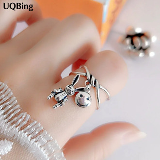 2020 Fashion Vintage Rabbit Smiley Charms Finger Rings 925 Sterling Silver Jewelry Gifts