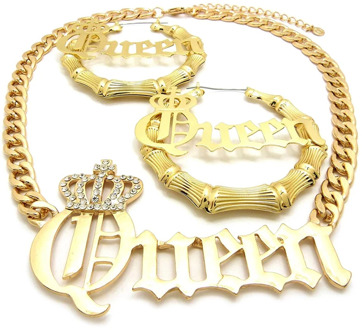 2020 Fashion Women's Customizable Name Queen Necklace Sexy Bamboo Pierced Earrings In Gold ToneCustomize Name for Women Gift