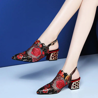 2020 High Heels Sandals Woman Mesh Summer Shoes Women Pumps Pointed toe Ankle Buckle Strap Ethnic Embroidery Flower Handmade