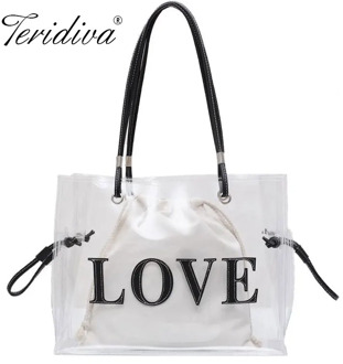 2020 Ladies Totes Fashion PVC Shoulder Bags for Woman Transparent Handbag Big Capacity Love Letter Female Large Casual Hand Bag