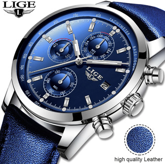 2020 LIGE New Fashion Men Watches Analog Quartz Wristwatches 30M Waterproof Chronograph Sports Date Leather Watches Montre Homme