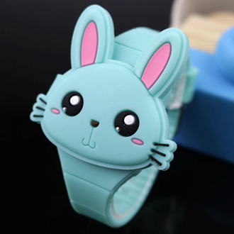 2020 Lovely Rabbit Cartoon Children Watches Safe material Flip Cover Rubber Electronic Kids Watch for Boy Student Girls Clock