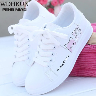 2020 New Arrival Fashion Lace-up Women Sneakers Women Casual Shoes Printed summer Women Pu Shoes Cute Cat Canvas Shoes