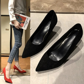 2020 New Arrival Korean Concise Pointed Toe Office Shoes Women's Fashion Solid Flock Shallow High Heels Shoes for Women