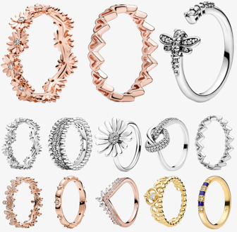 2020 New Arrival S925 Sterling Silver Sparkling Daisy Flower Crown Rose gold Rings for Women Engagement Jewelry Anniversary