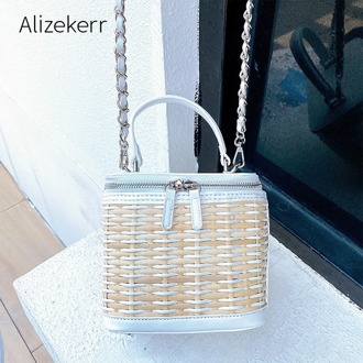2020 New Bamboo Woven Beach Bag Women Korean Chain Small Square Box Shoulder Bag Female Casual Panelled Handbag Holiday Fashion