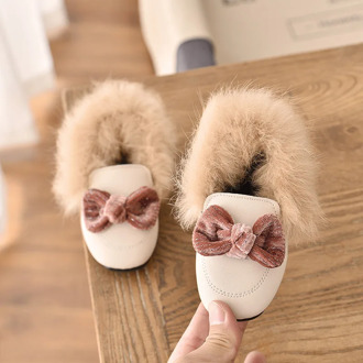 2020 New Brand Autumn Winter Girls Shoes Warm Cotton Plush Fluffy Fur Kids Loafers With Metal Chain Boys Flats Children Loafers