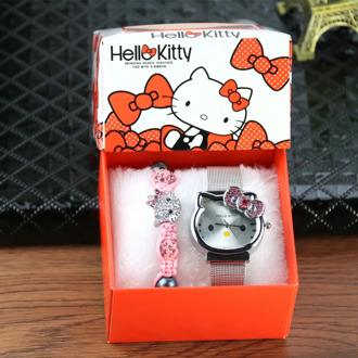 2020 New Children's Watch Stainless Steel Strap Watch + KT Cat Wtach Box + Pink Bracelet Set Kids Birthday Gift Student Watches