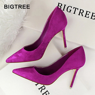 2020 New High Heels Women Fashion Pointed Toe Office Shoes Women's Solid Flock Shallow High Heels Shoes for Women 9 Colors