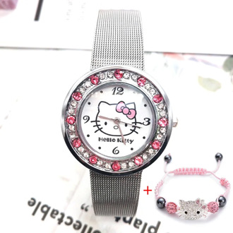 2020 New Kt Cat Cute Girl Children Cartoon Watch Stainless Steel Band Children Diamond Watches