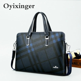2020 New Men Top-Handle Bags Leather Men's 14-inch Laptop Bags Office Bags For Male Handbag Briefcase Plaid Pattern Business Bag