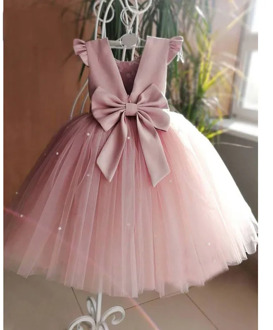2020 New Peach Pink Flower Girls Dresses For Wedding Beading Backless Girl Birthday Party Evening Dress Tulle Princess Ball Gown