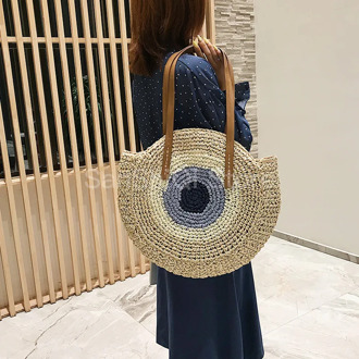 2020 New Peacock's Eye Straw Women Shoulder Bag Circle Handmade Contrast Color Large Handbag Beach Over Tote Bolsa Feminina