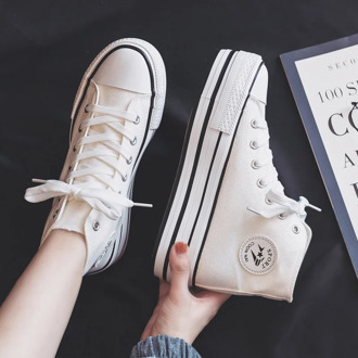 2020 New Platform High-Top Platform Heel Canvas Shoes Women's All-match 4.5cm High Heel Girls Gumshoes Cloth Sneakers Lace Up