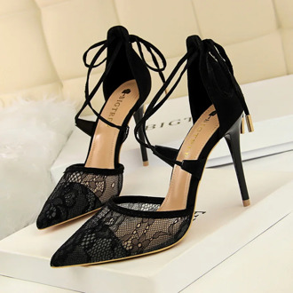 2020 New Sexy Floral Lace Mesh Pointed Toe Women Sandals Arrival Cut-Outs Cross-tied Shallow Sandals Women's High Heels Shoes