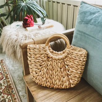 2020 New Simple Straw Handbag for Girls Summer Beach Travel Hand Bag Half Moon Hand Woven Rattan Handbags Round Handle Bags Hard