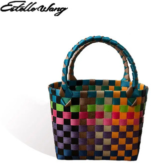 2020 New Small Square Bag For Women And Girls Colorful Mini Woven Vegetable Basket Straw Woven Bag Manual Plastic Woven Bag
