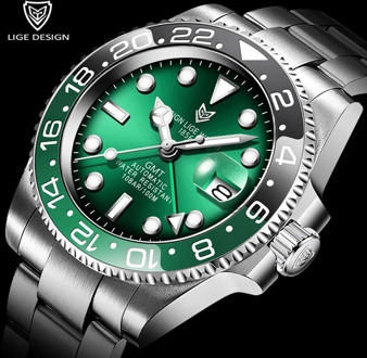 2020 New Sports Mechanical Wristwatch Stainless Steel 100ATM Waterproof Diving GMT Watch LIGE Top Brand Men Watches Reloj Hombre