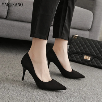 2020 New Suede Pumps Stiletto Womens High Heels Pointed Black Etiquette Office Single Shoes Wedding Shoes