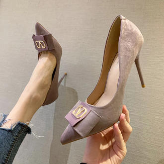 2020 New Summer Fashion Women 10cm Pencil High Heels Pumps Metal Pointed Toe Pumps Flock Purple Pumps Lady Party Valentin Shoes