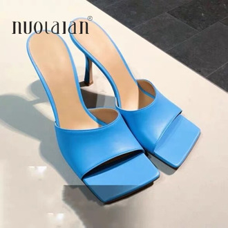 2020 New Summer Women Pumps Shoes Fashion Heel Mules Slippers Elegant Square Toe High Heels Slippers Ladies Party Dress Shoes