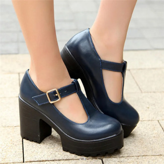 2020 New T-Strap High Heels Buckle Strap Mary Janes Platform Women Shoes Woman Block Heel Dress Pumps Large Size 33-46