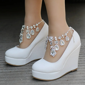 2020 new White Wedges Wedding Pumps Sweet White Flower Lace Pearl Platform Pump Shoes Bride Dress High Heels Y66