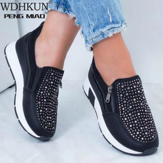 2020 New Women Crystal Sneakers Spring Autumn Casual Zipper Flat Shoes women Non-slip Breathable Outdoor Vulcanized Shoes woman