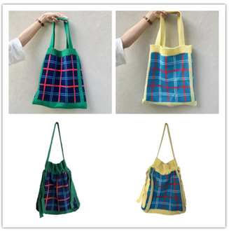 2020 New Women/Girls Drawstring Knitted Handbag Plaid Shoulder Bag Simple Fashion Tote Bag Casual Wool Foldable Shopping Bag