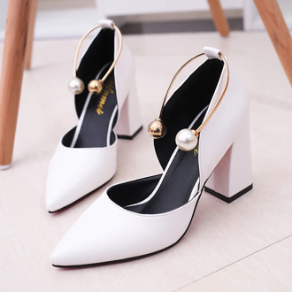 2020 new women's heels Shallow Pointed Toe Hollow out Concise single shoes metal beads Slip-On zapatos de mujer PU summer