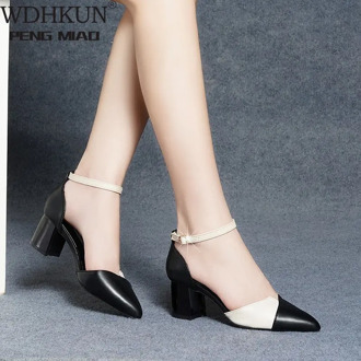 2020 New Women's High Heels Korean Color Matching Pointed Toe Thick Heel Dress Sexy High-heels Summer Size 33-42 Women Shoes PU