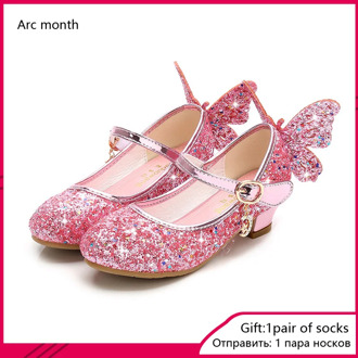 2020 Princess Kids Leather Shoes for Girls Flower Casual Glitter Children High Heel Girls Shoes Butterfly Knot Blue Pink Silver