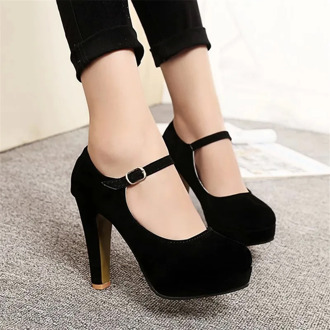 2020 Sexy Mary Janes New Women OL high heels Black Flock Women Pumps Female Platform Winter Thick with Autumn Round Single Shoes