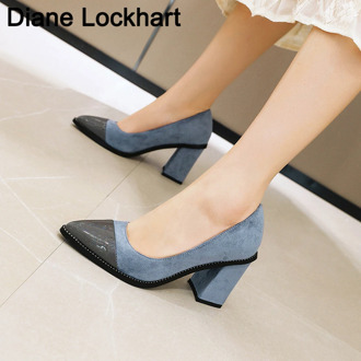 2020 Spring Fashion Suede Women Rivets Shoes Lady Chunky Lady Block Pointed Toe Mixed colors Women 8cm High Heels Studded Pumps