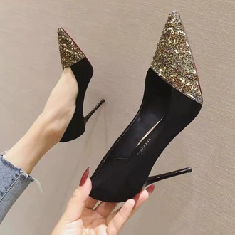 2020 Spring Rhinestone Bridesmaid Shoes Woman High Heels Women Pumps Ponited toes Office lady Working Shoes Thin heel Black