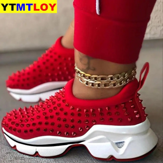 2020 Spring Women Sneakers Shoes Flat Slip on Platform Sneakers for Women Black Rivet Breathable Mesh Sock Loafers Women Shoes