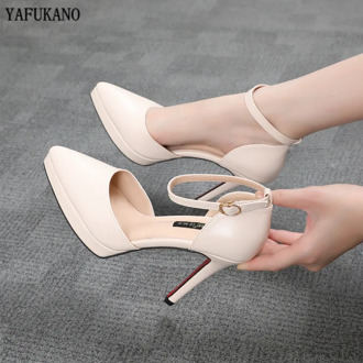 2020 Summer Brand Ankle Straps Womens Sandals 10 Cm Sexy Pointed Toe Platform Pumps Matte Leather Ladies High Heels Size 32 33