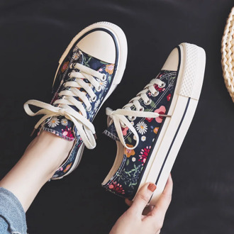 2020 Summer New Platform Floral Canvas Shoes Women Casual All-match Korean Style Trendy Shoes Flowers Pink Sneakers 5.0cm Heel