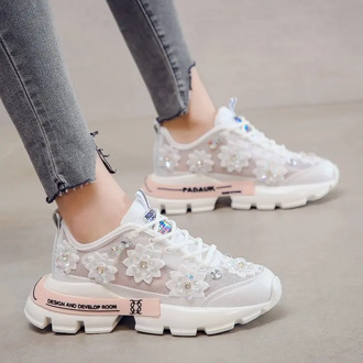 2020 Summer Women Breathable Mesh Dad Shoes Female Korean Muffin Thick Casual White Shoes Female Sneakers Flower Crystal Shoes