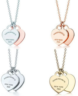 2020! Tif 925 sterling silver classic double heart pendant necklace 45 cm, providing an elegant love jewelry gift for charming