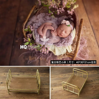 2020 Vintage Newborn Photography Iron Bed Baby Photoshooting Props Classic Infant Photo Studio Wood Crib Basket Accessories
