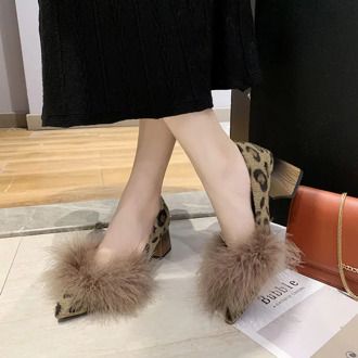 2020 Women Fur High Heels Woman Autumn Shoes Leopard Pumps Female Footwear Pointed toe Block Heel Slip on Korea Style GREY BROWN