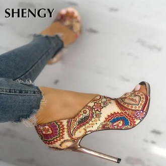 2020 Women High Heels Sandals Woman Fashion Summer Sexy Female Peep Toe High-heeled Shoes Open Toe Ethnic Print Party Sandals
