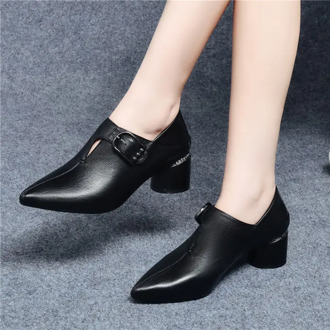 2020 Women's Shoes Woman High Heels Buckle Autumn Pumps Female Soft PU leather Footwear Pointed toe Block Heel Two Wearing Black