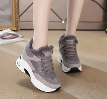 2020 Women's Winter Sneakers Warm Fur Wedge Platform Sneakers Korean Plush Casual Shoes Woman High Heels Black Ladies Sneakers