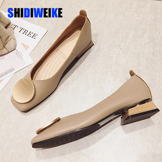 2020 Women Shoes Low Wooden Low Heel Ballet Square Toe Shallow Buckle Brand Shoes Square heel Slip On Loafers zapatos de mujer