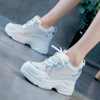 2020 Women Wedge Platform Rubber Brogue Lace Up High heel Shoes Increasing White Silver Sneakers Zapatos De Mujer Plataforma